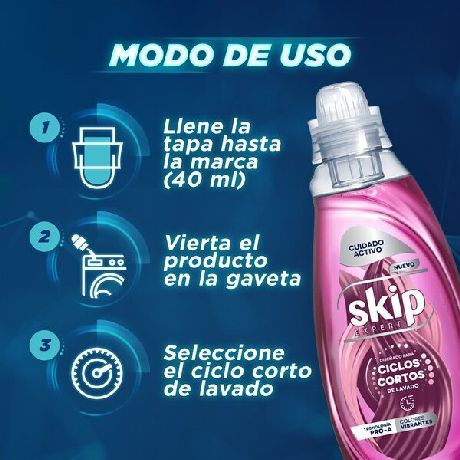 JABÓN LÍQUIDO CONCENTRADO SKIP PARA CICLO CORTO CUIDADO ACTIVO BOTELLA X 800 ML.
