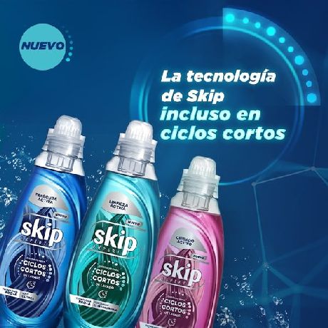 JABÓN LÍQUIDO CONCENTRADO SKIP PARA CICLO CORTO FRESCURA ACTIVA BOTELLA X 800 ML.