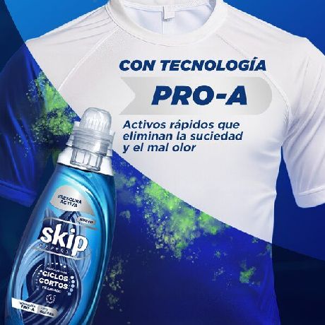 JABÓN LÍQUIDO CONCENTRADO SKIP PARA CICLO CORTO FRESCURA ACTIVA BOTELLA X 800 ML.