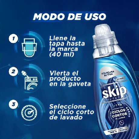 JABÓN LÍQUIDO CONCENTRADO SKIP PARA CICLO CORTO FRESCURA ACTIVA BOTELLA X 800 ML.