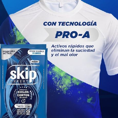 JABÓN LÍQUIDO CONCENTRADO SKIP PARA CICLO CORTO FRESCURA ACTIVA DOYPACK X 800 ML.