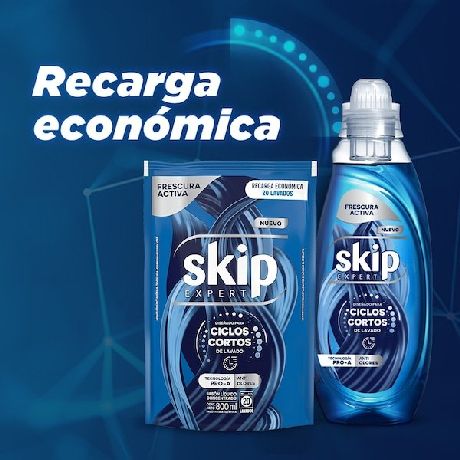 JABÓN LÍQUIDO CONCENTRADO SKIP PARA CICLO CORTO FRESCURA ACTIVA DOYPACK X 800 ML.