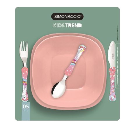SET BABY X 5 PZAS SIMONAGIO ROSA CUBIERTOS + PLATO PLAYO/HONDO