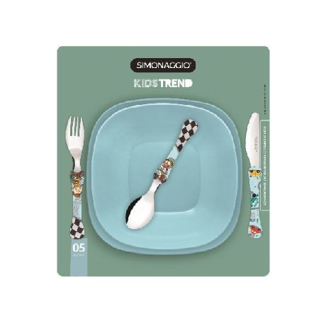 SET BABY X 5 PZAS SIMONAGIO CELESTE CUBIERTOS + PLATO PLAYO/HONDO
